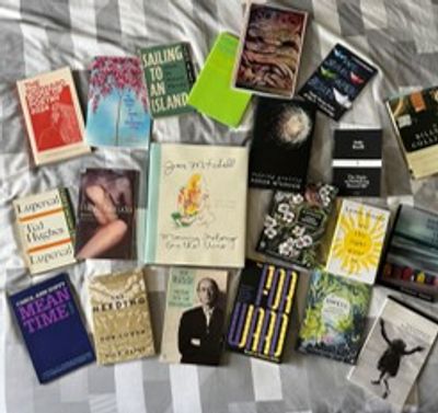 A collection of diverse books arranged on a bedspread.