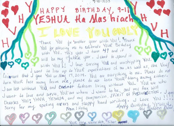 Handwritten birthday message with colorful hearts and decorations for YAHUSHA Mashiach.