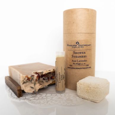 Natural lavender soap, lip balm, and shower steamers from Heirloom Apothecary.