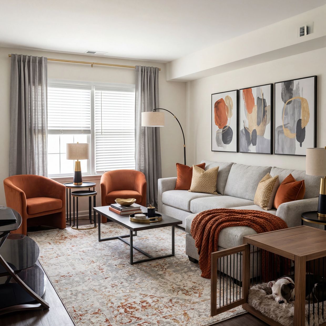 The client wanted a light and airy living room. Using the colors gray/black/gold and one bold color.