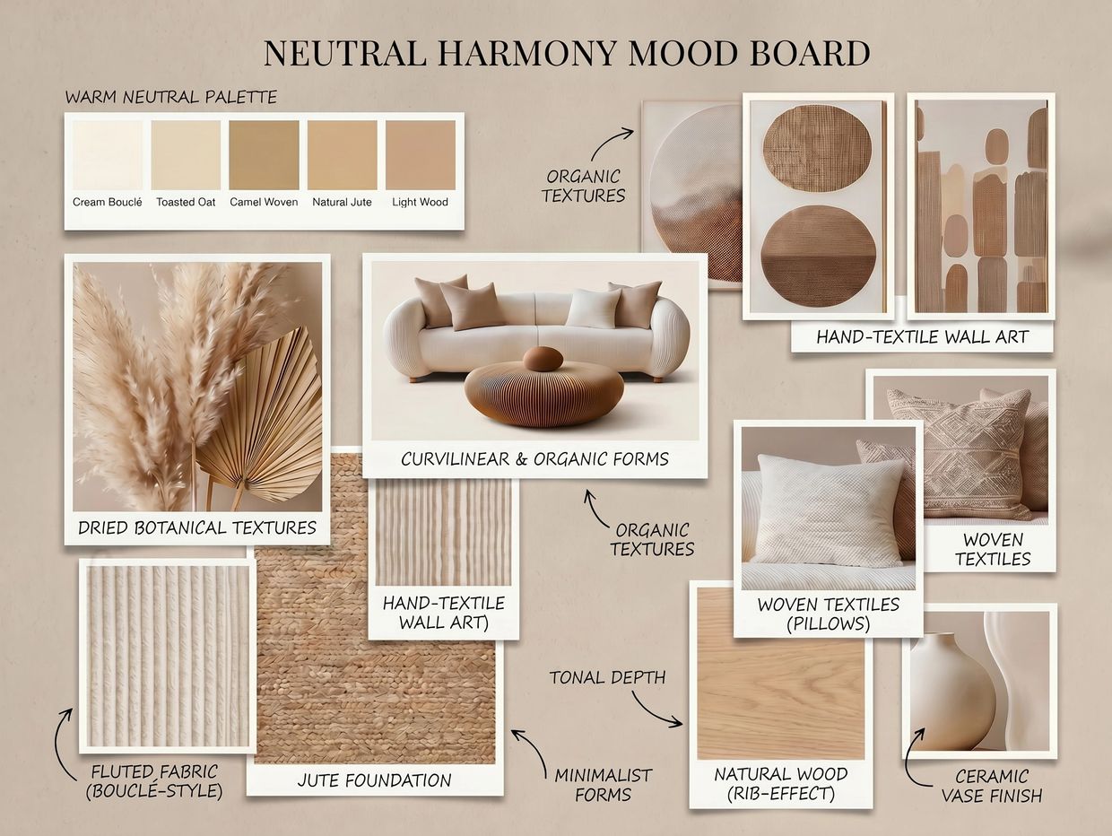 Neutral harmony mood board with warm palette and organic textures.