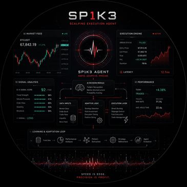 Dashboard of SP1K3 scalping execution agent showing market data and performance metrics.