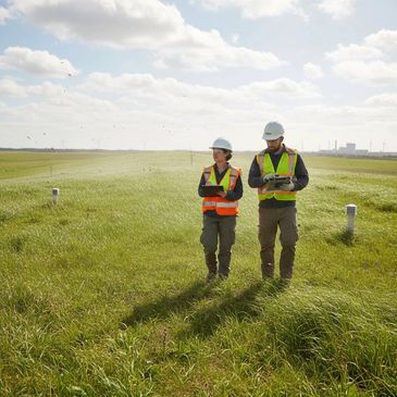 Two engineers in safety gear walking through a green field on a sunny day.