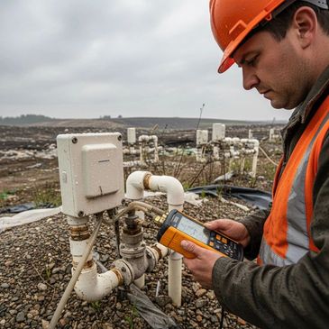A worker in orange safety gear checking piping equipment outdoors.