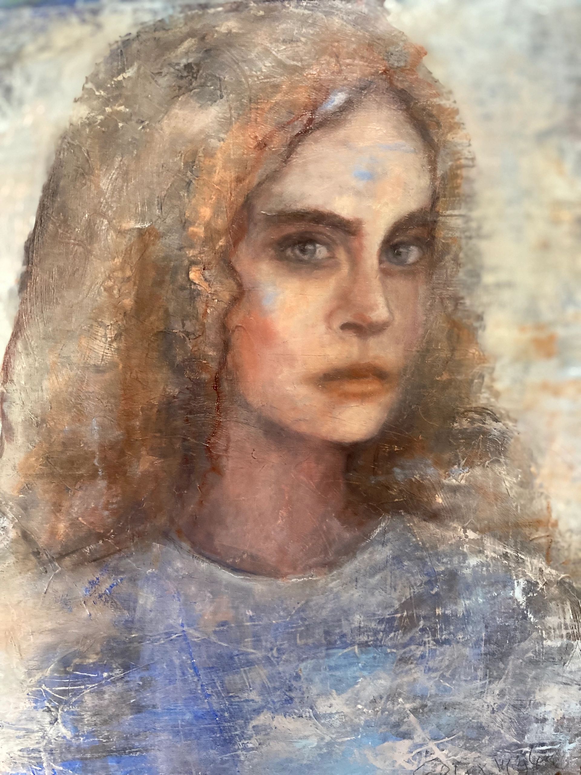 Emotional woman portrait. Muted color palette. Oil painting. Classical timeless quality.. Mystery.