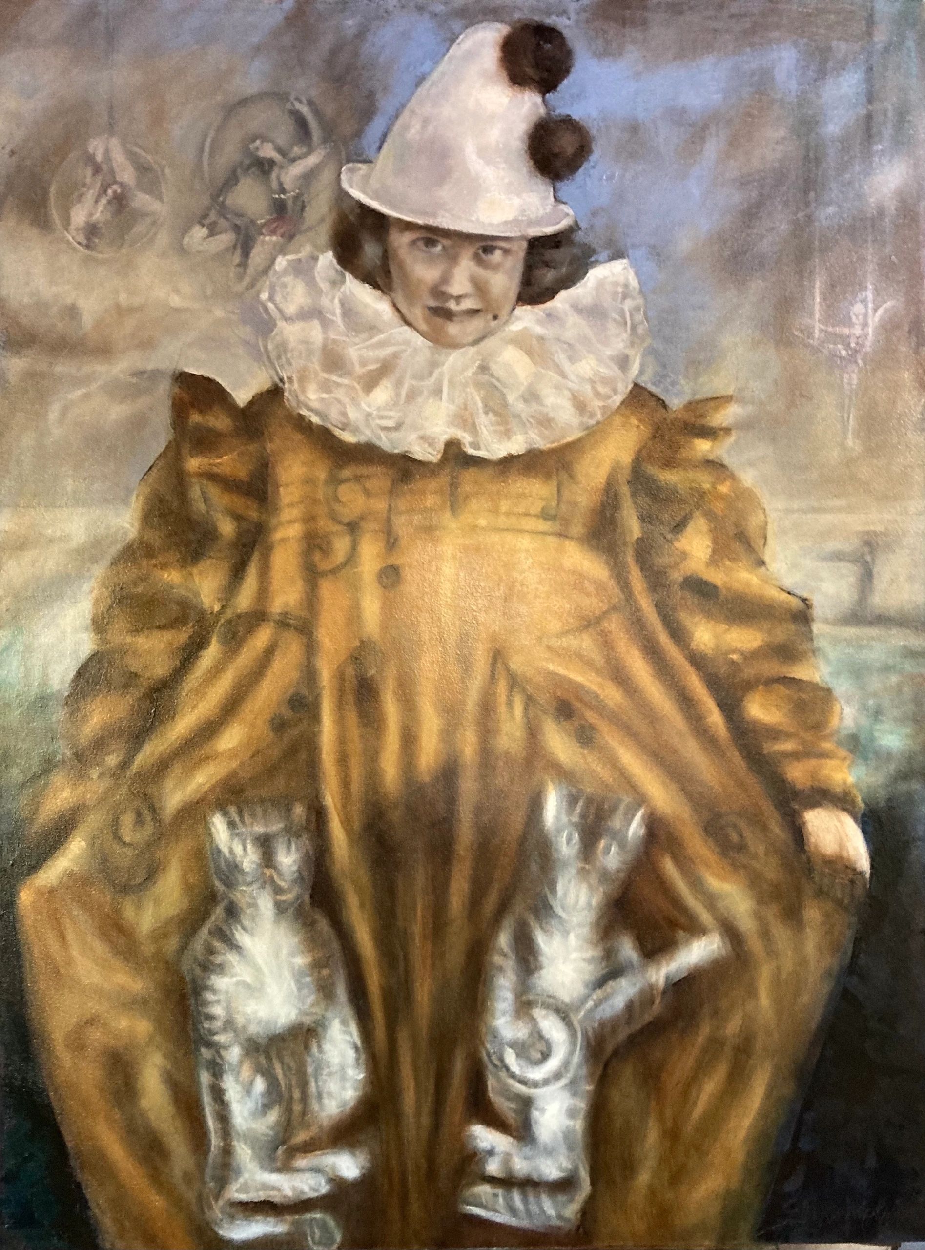 Clown with gold gown and cats