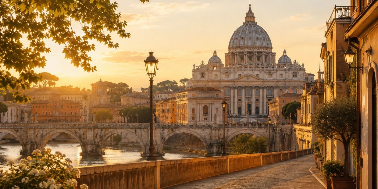 Sunset view of St. Peter's Basilica and the bridge over the Tiber River in Rome.