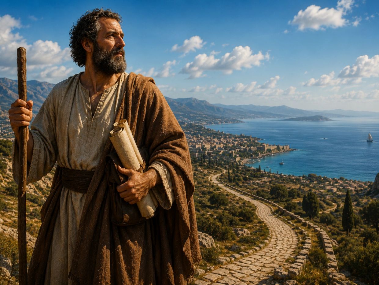 A bearded man in ancient attire holds scrolls and a staff overlooking a coastal town.