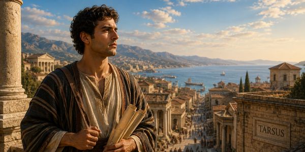 A man in ancient attire overlooking the city of Tarsus by the sea.