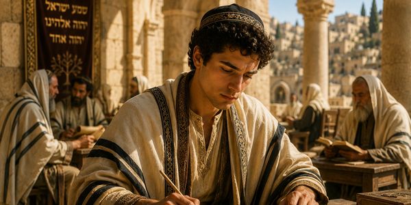 A young man in traditional Jewish attire writing with a quill in an ancient setting.