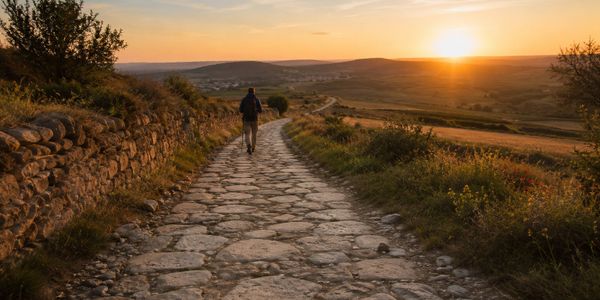 Person walking on a stone path at sunset in a rural landscape.