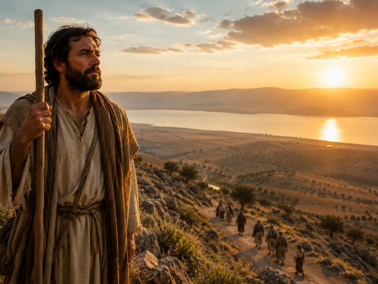 Man in ancient robes holding a staff at sunset overlooking a valley and river.