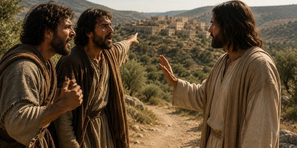 Three men in biblical attire having a heated discussion outdoors.