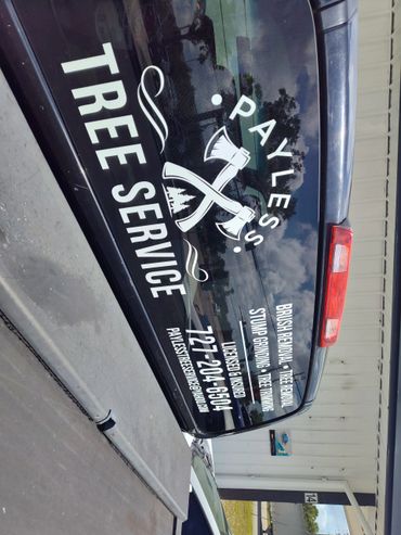 Vehicle decal advertising Payless Tree Service with crossed axes logo.