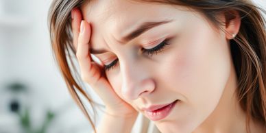 Close-up of a woman with a pained expression holding her head.