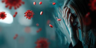 Woman distressed, surrounded by virus and medication imagery.