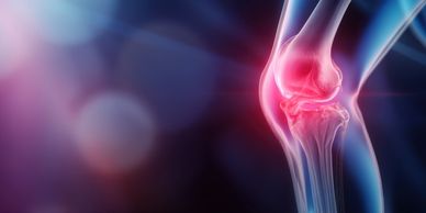 Digital illustration showing knee joint inflammation with red highlighting.
