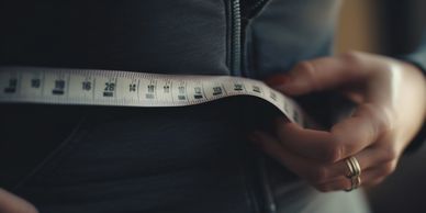 Person measuring their waist with a tape measure.