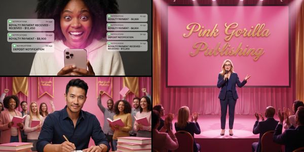 A woman celebrates royalty payments; a man signs books; a woman speaks at Pink Gorilla Publishing event.