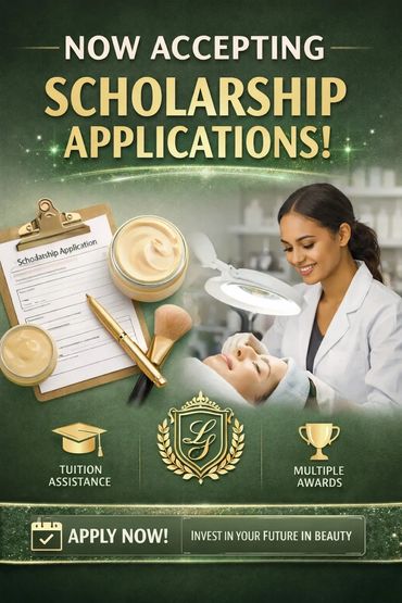 Announcement for scholarship applications in esthetics with tuition assistance and awards.