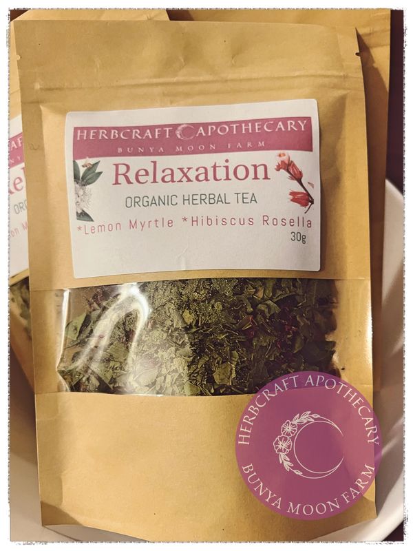 Organic Herbal tea package grown, harvested and dried at Herbcraft Apothecary BUNYA MOON FARM. Ingredients: lemon myrtle and hibiscus rosella. #organic herbal teas