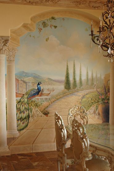 A wall painting of a peacock sitting at a garden 