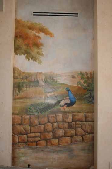 A beautiful peacock painting on the wall of a house