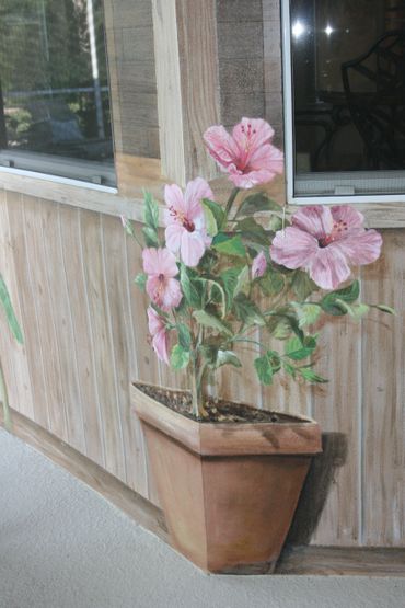 Lovely wall painting of a pink flower plant in a pot