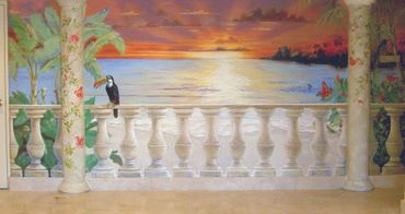 A wall painting of a beautiful exotic bird sitting 
