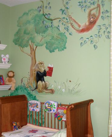 A wall painting of a lion reading a book