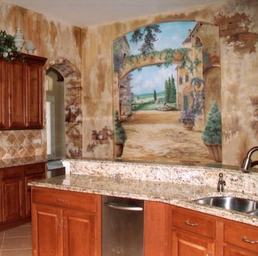Custom designed kitchen with wall painting 