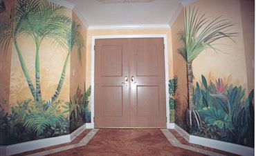 A brown door with the painting of a trees