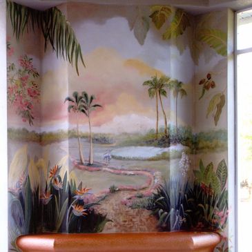A natural habitat mural with trees and ponds on the wall