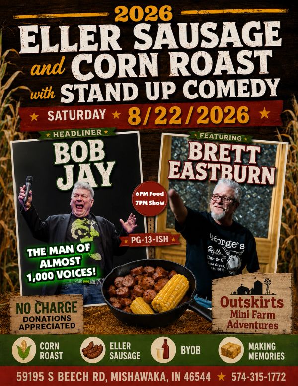 A flyer for the comedy and corn roast at Outskirts Mini Farm.