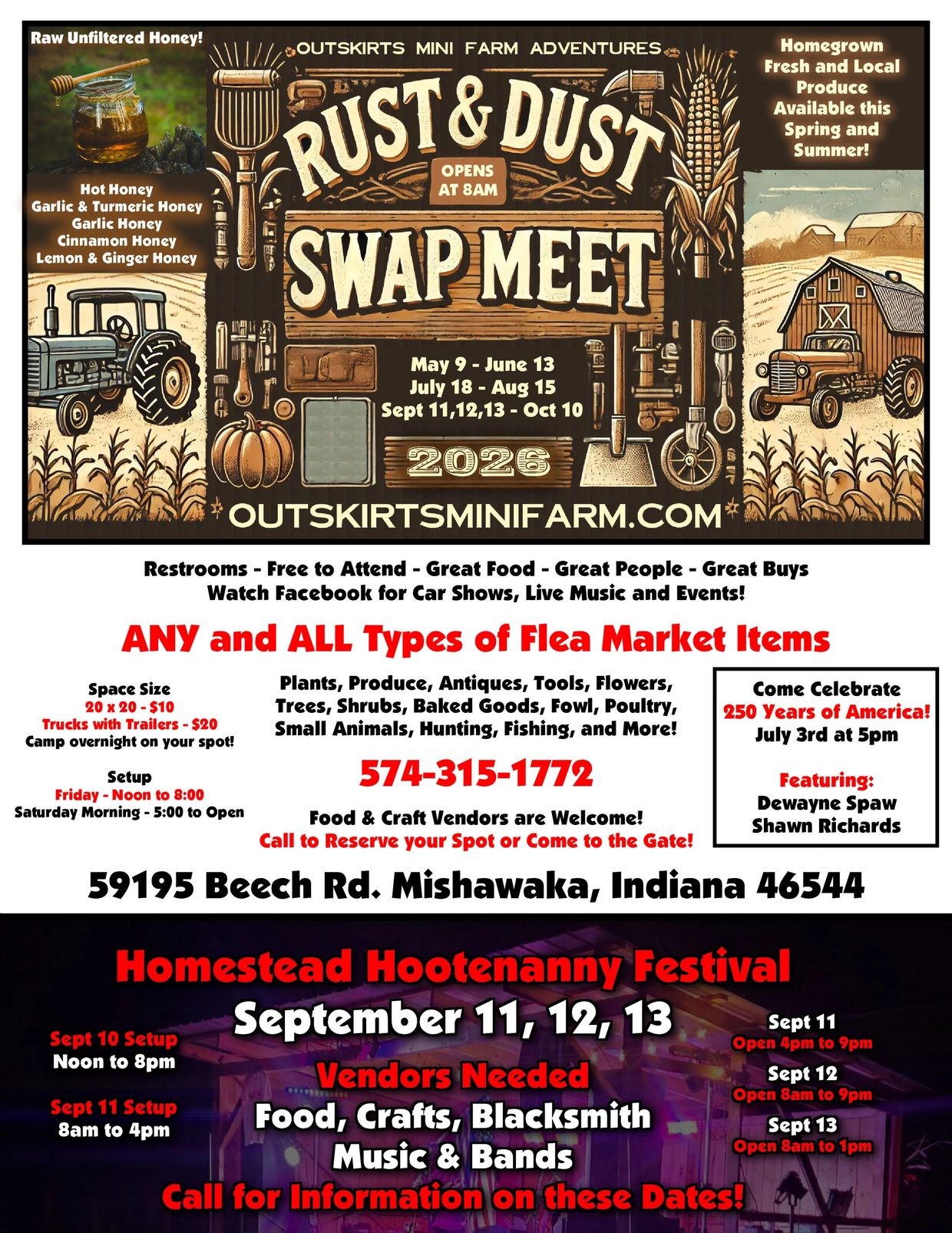 A flyer for the swap meet at the outskirts mini farm in mishawaka.