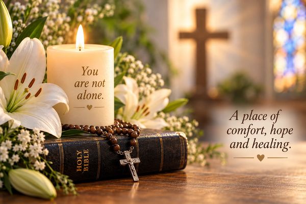 Candle with Bible, flowers, and cross conveying comfort and hope.