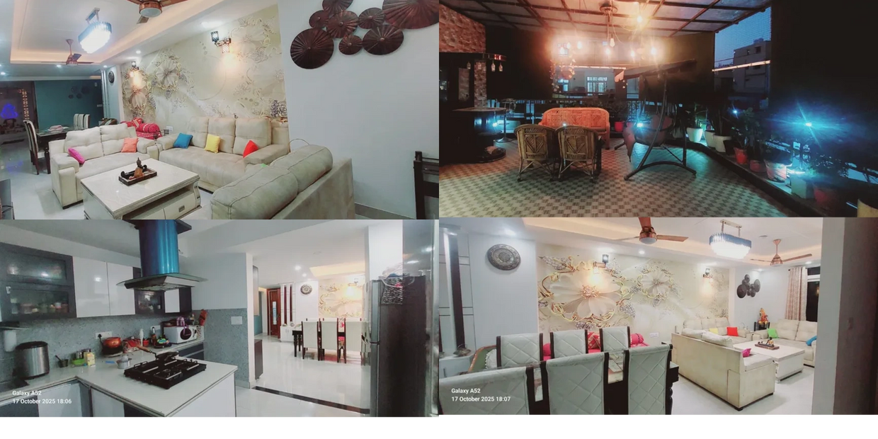 3BHK luxury flat,furnished apartment Dehradun, MDDA approved property , Modern indoor living room and cozy outdoor patio with warm lighting and plants.