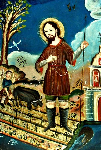 Religious painting of a saint holding a staff and rosary in a rural setting.