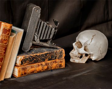 An antique camera and weathered books face a human skull, creating a still life that reflects memory