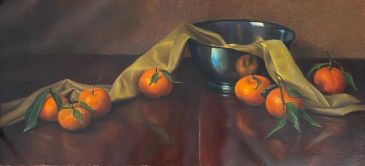 Still life with mandarins and a metal bowl on a draped cloth.