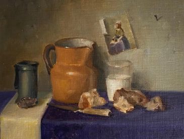 Still life painting of pottery and bread on a table.