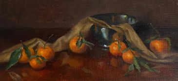 Still life painting featuring oranges and a draped cloth.