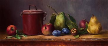 Still life painting of fruits and a red container on a wooden surface.