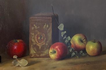Still life painting of apples, a decorative box, and leaves on a wooden surface.