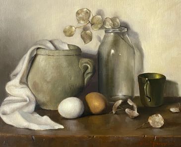 Still life painting with pottery, glass jar, eggs, and dried flowers on wooden table.