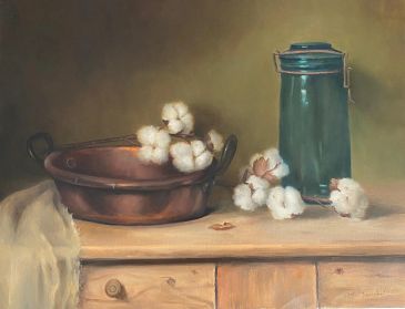 Still life painting with cotton stems, a copper bowl, and a green container on a wooden table.