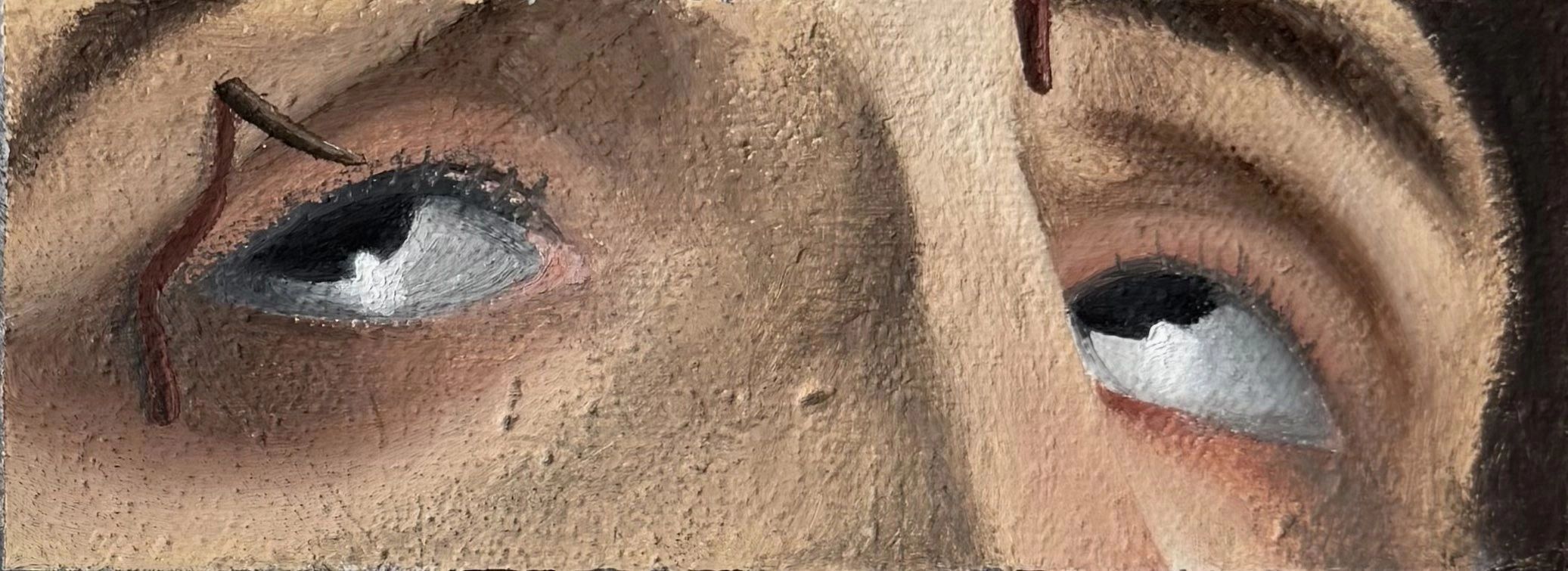 Close-up of eyes in a textured painting with blood tears.