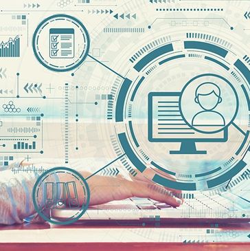 Woman working on laptop with digital data interface overlays representing data analysis.