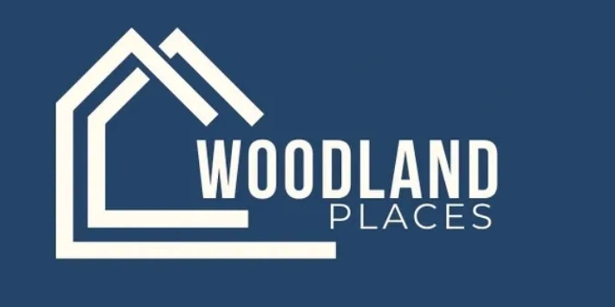 Minimalist logo of Woodland Places with house outline on blue background.