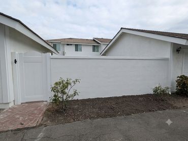 White fenced yard with bare soil and sparse plants.